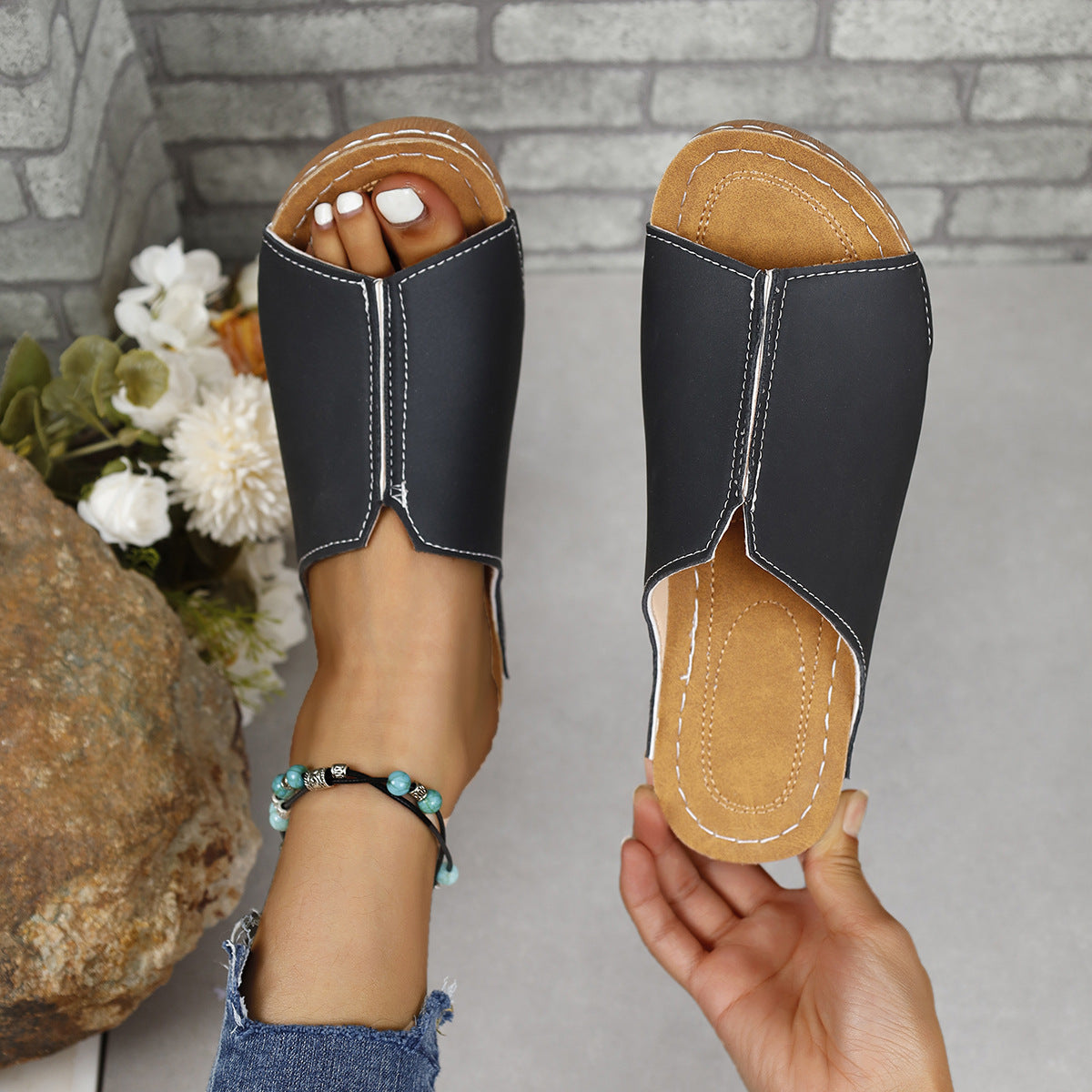 Stylish PU leather open toe sandals with low heel, featuring a sleek design and comfortable fit for all-day wear.