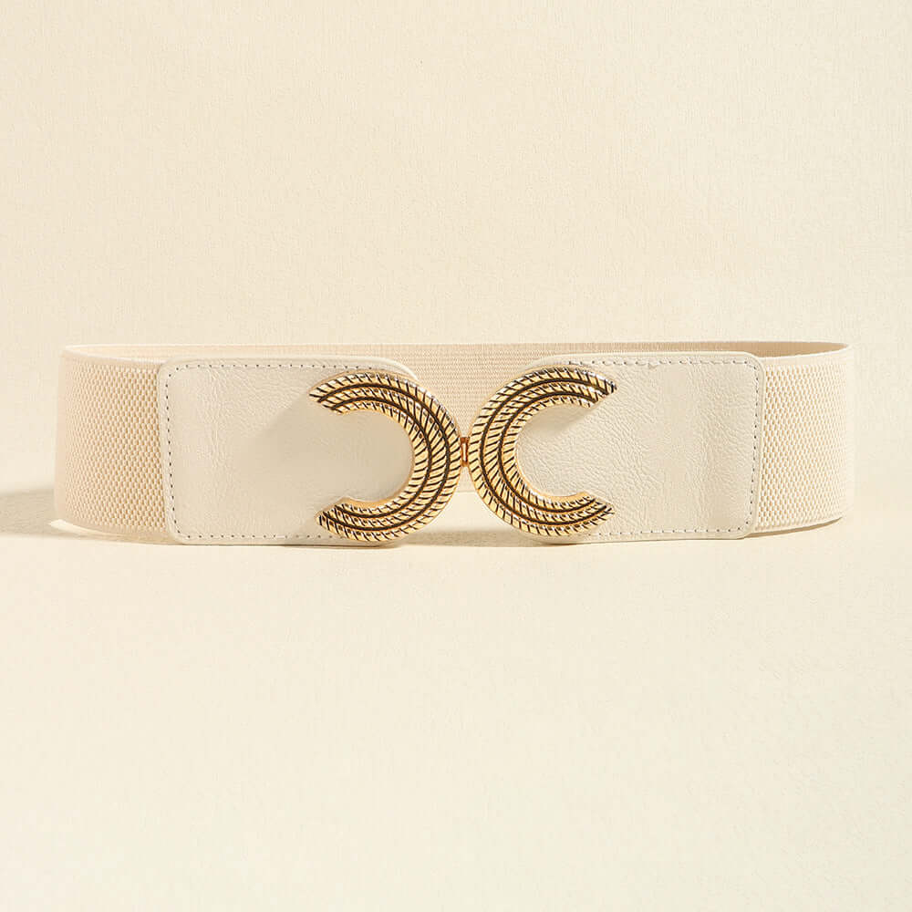 Stylish Double C Buckle Elastic Belt in PU material, 25.6 in length, 2.4 in width, featuring a unique 4 in buckle.