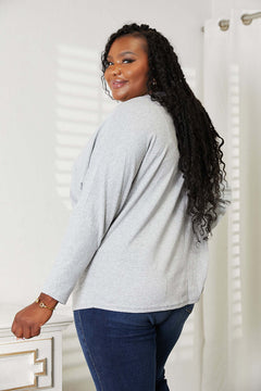 Double Take Seam Detail Round Neck Long Sleeve Top in gray, featuring a stylish back view with long sleeves.