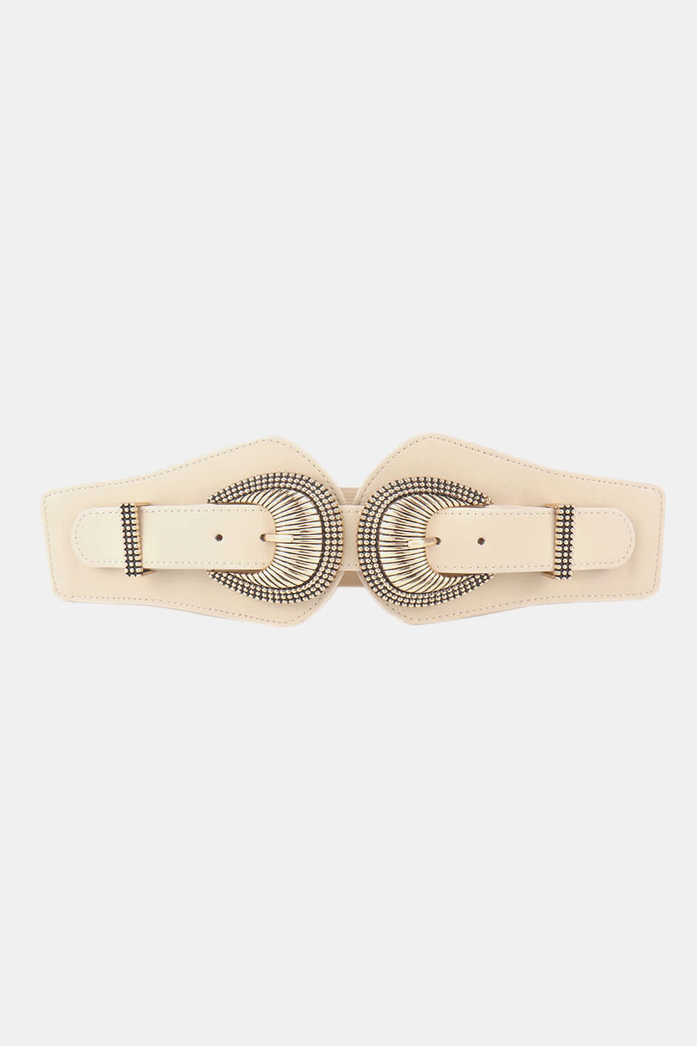 Shell Double Buckle Elastic Wide Belt in beige, made of PU and alloy, measuring 30.7*4 inches for a stylish look.