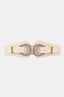 Shell Double Buckle Elastic Wide Belt in beige, made of PU and alloy, measuring 30.7*4 inches for a stylish look.