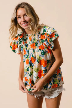 BiBi Multi Color Floral Print Woven Top featuring frill and ruffled design, perfect for a stylish summer look.