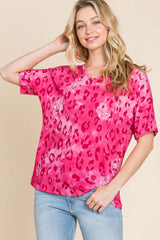 Stylish pink leopard print V-neck short sleeve t-shirt for a trendy and casual look.