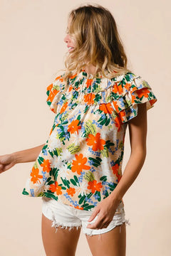 BiBi Multi Color Floral Print Woven Top featuring vibrant floral print and ruffled sleeves