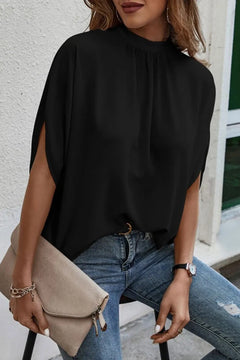 Tie Back Slit Half Sleeve Blouse in black, featuring a loose fit and stylish slit design, perfect for casual wear.