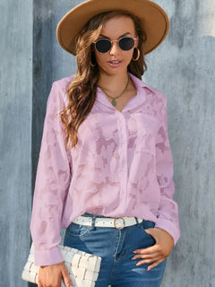 Full Size Collared Neck Long Sleeve Shirt Plus Size in light pink with sheer fabric, styled with sunglasses and a hat.