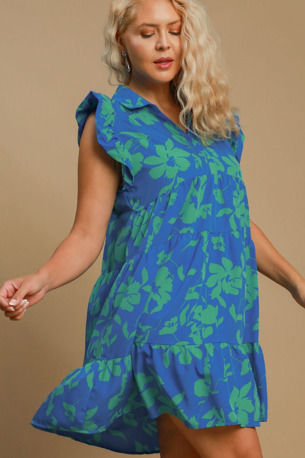 Umgee plus size floral ruffle tiered dress in vibrant blue and green, perfect for summer occasions.