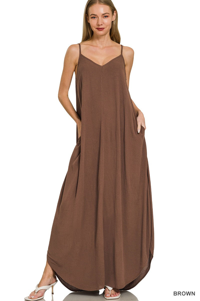 Zenana Woven Crinkle Cami Maxi Dress with Side Pockets in brown, showcasing a flowy silhouette and convenient side pockets.