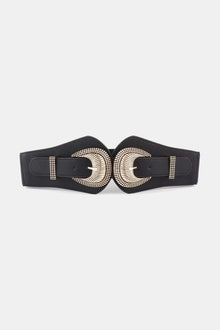 Shell double buckle elastic wide belt made of PU and alloy, measuring 30.7*4 inches, perfect for adding a stylish touch to any outfit.