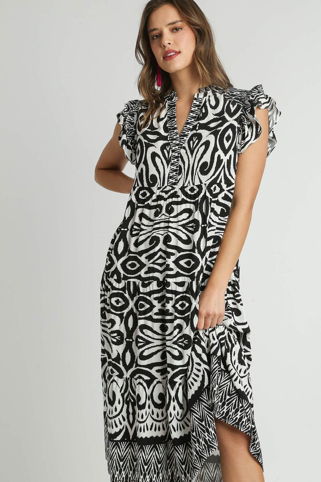 Umgee Plus Size Two-Tone Midi Dress – Ruffle Cap Sleeves & Border Print