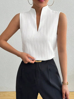 Texture Notched Sleeveless Top in white with ribbed texture, perfect for casual and formal wear.