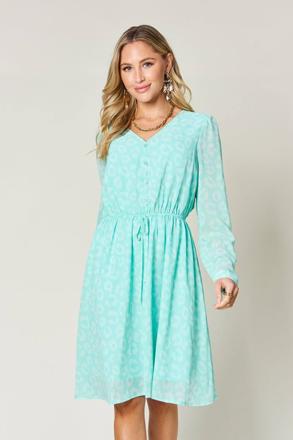 Double Take full-size ruched V-neck long sleeve dress in mint green; perfect for stylish casual wear.