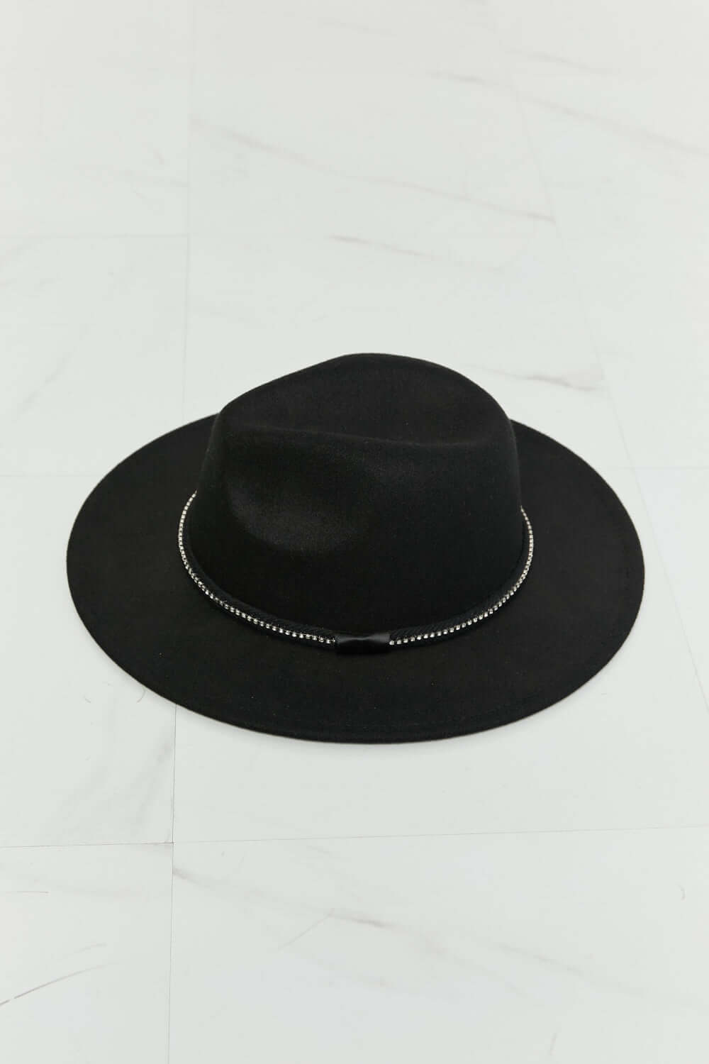 Black fedora hat with wide brim and mini rhinestone detailing, perfect for adding sophistication to any outfit.