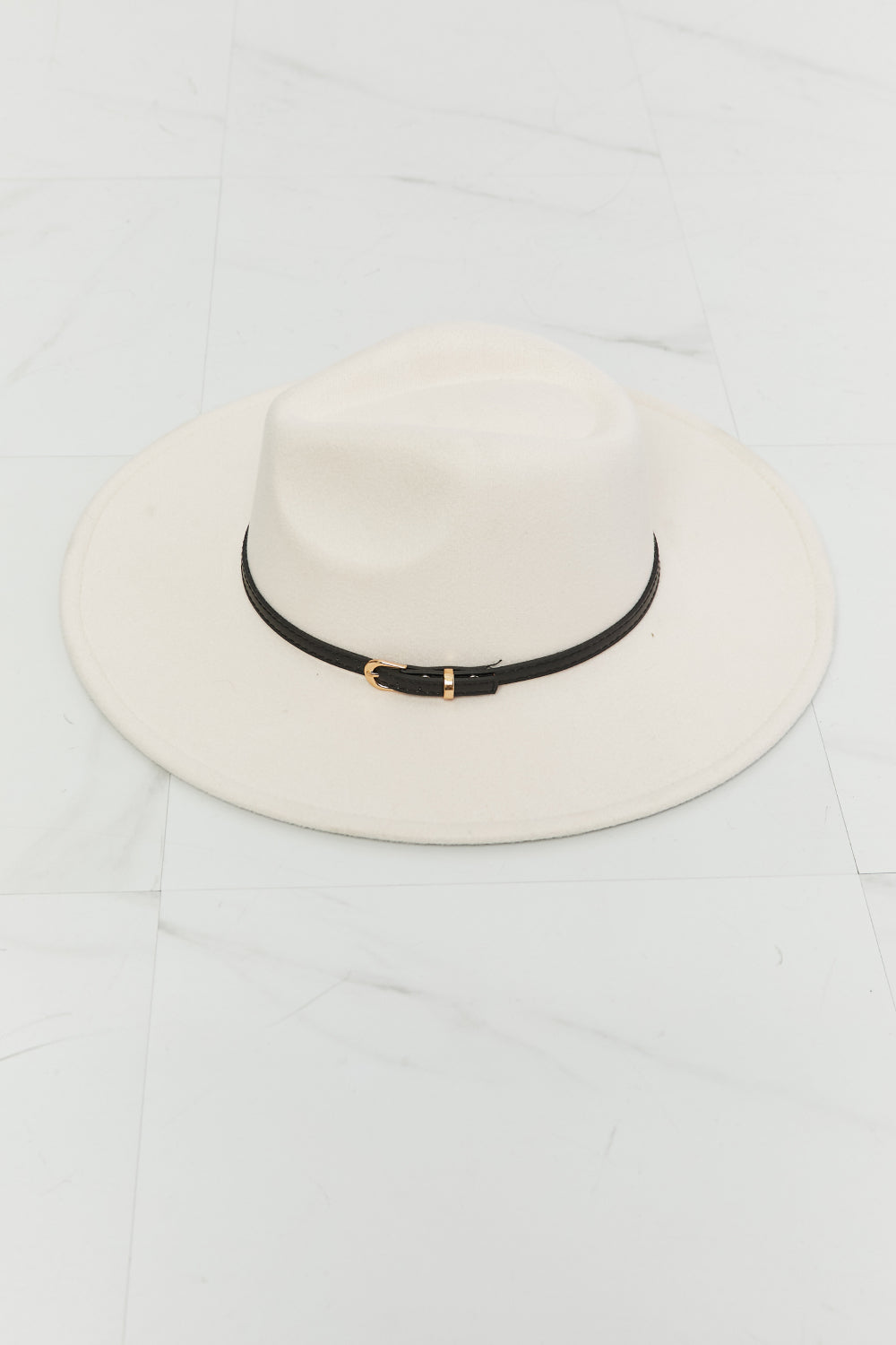 Fame Keep It Classy Fedora Hat in beige with black belt and gold hardware for a chic, sophisticated look.