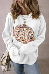 Cozy white sweatshirt featuring a colorful pumpkin design and 'Pumpkin Season' text, perfect for fall.