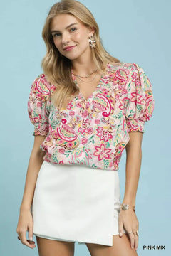 Umgee Mix Paisley Floral Button Down Shirt featuring vibrant paisley print and feminine ruffled V-neckline.