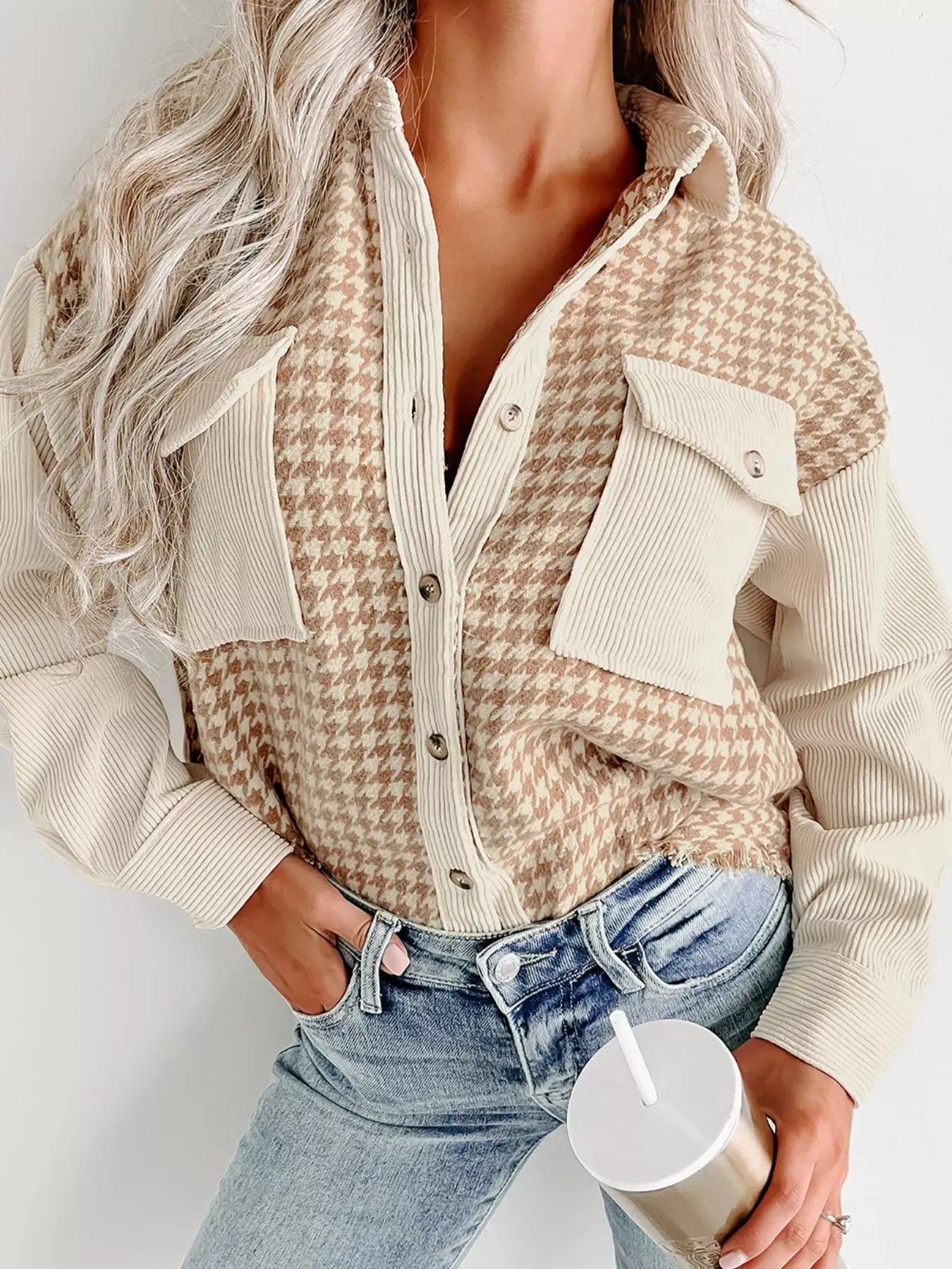 Houndstooth Button-Down Jacket featuring buttoned pockets, casual style, and made of 100% polyester.