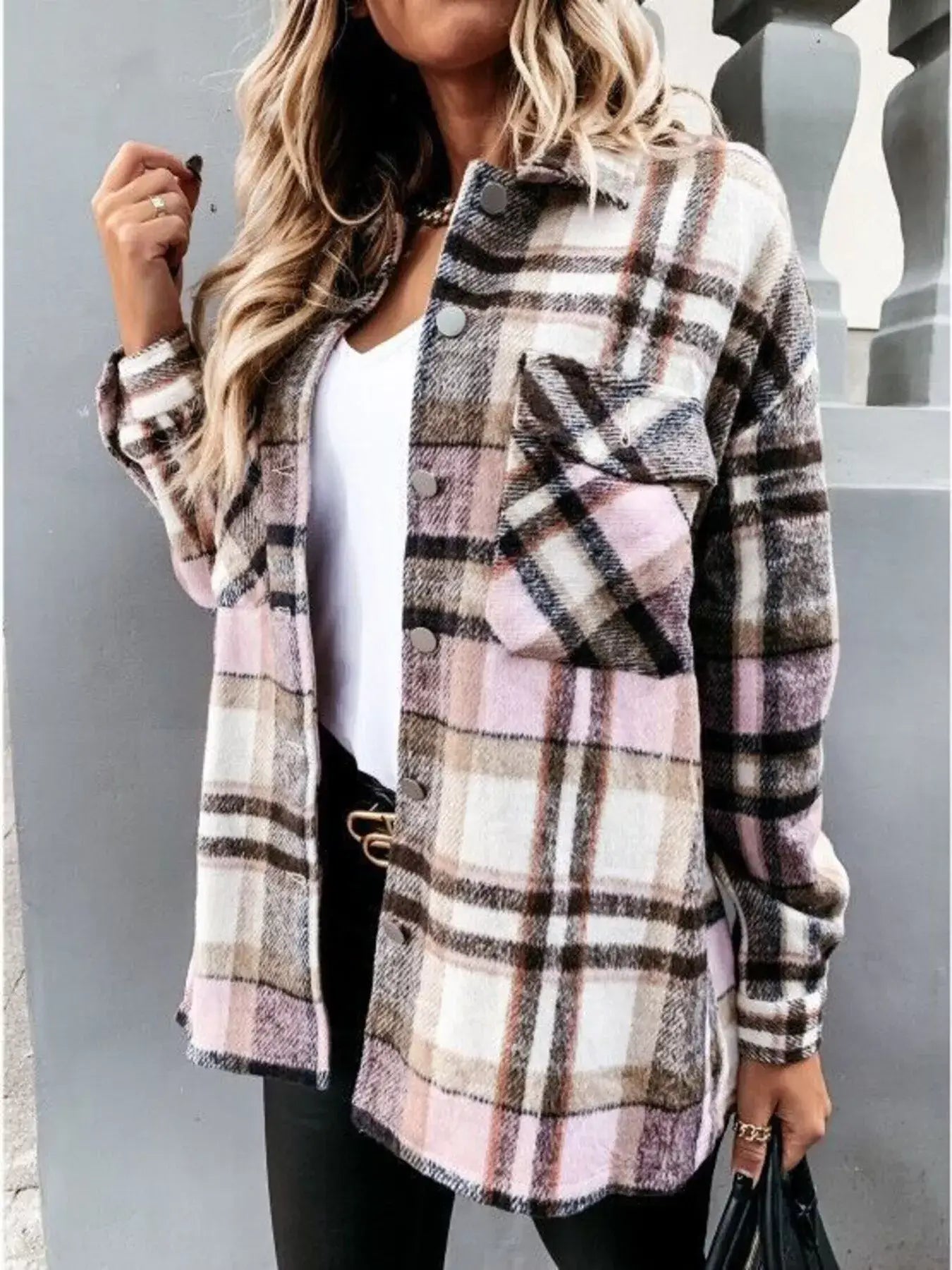 Plaid Button-Down Long Sleeve Shacket worn by model, featuring buttoned front and pocket detail.