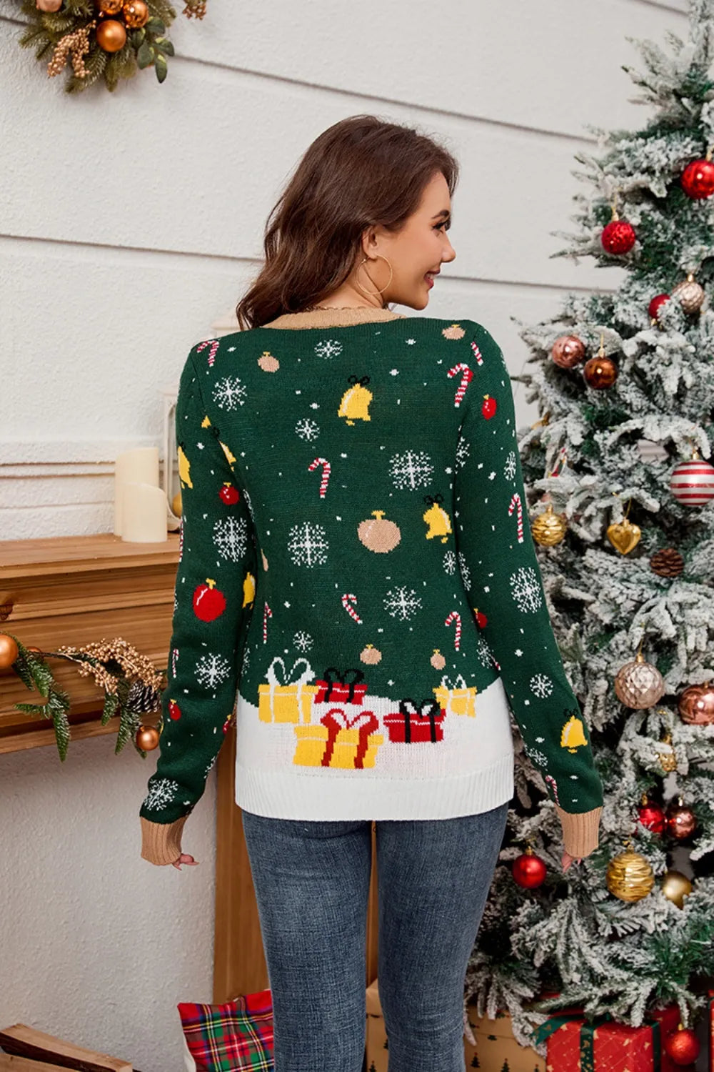 Santa Round Neck Long Sleeve Sweater featuring festive holiday designs in a cozy, back view setting.