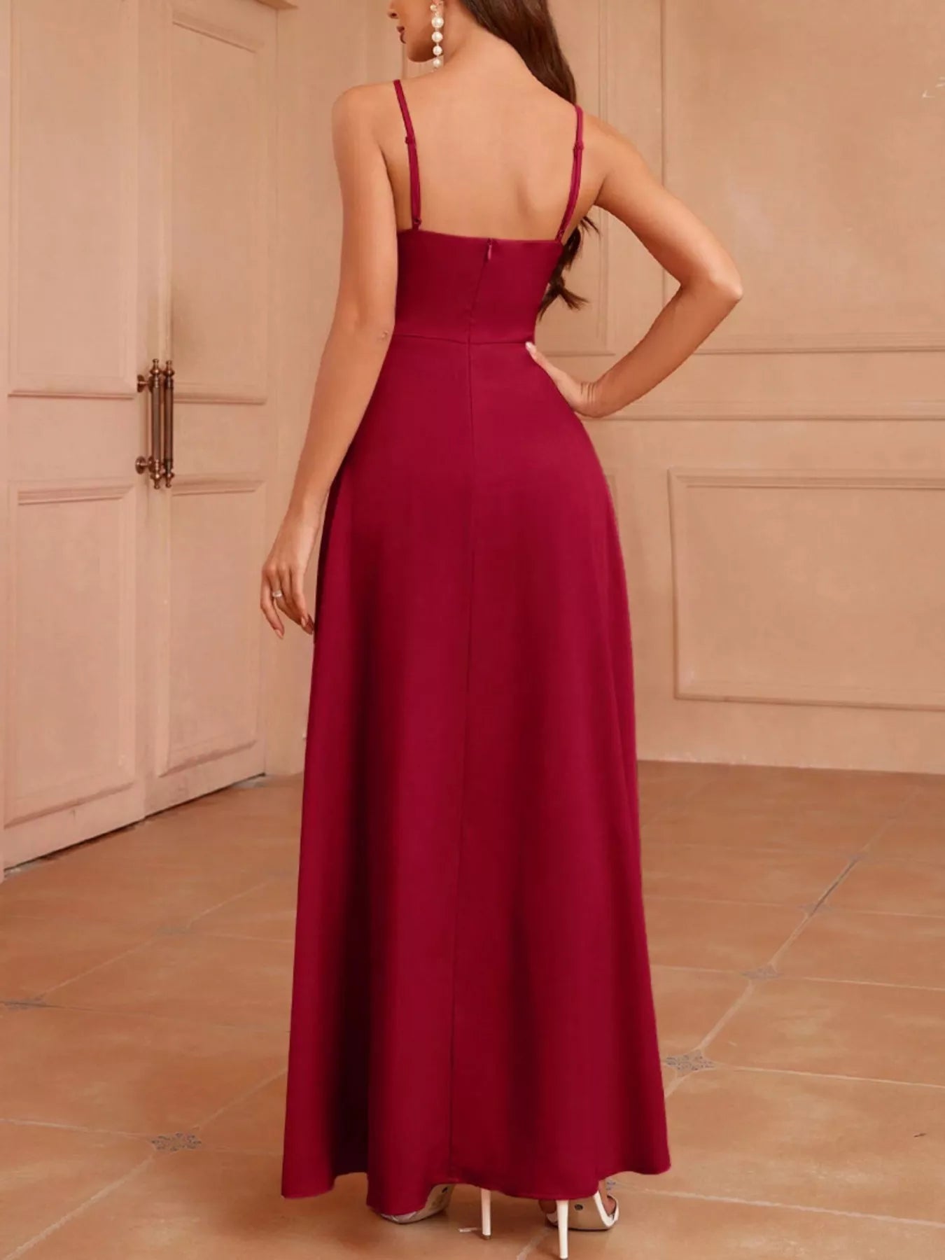 Back view of Slit Spaghetti Strap Maxi Dress showcasing its elegant design and flattering silhouette.