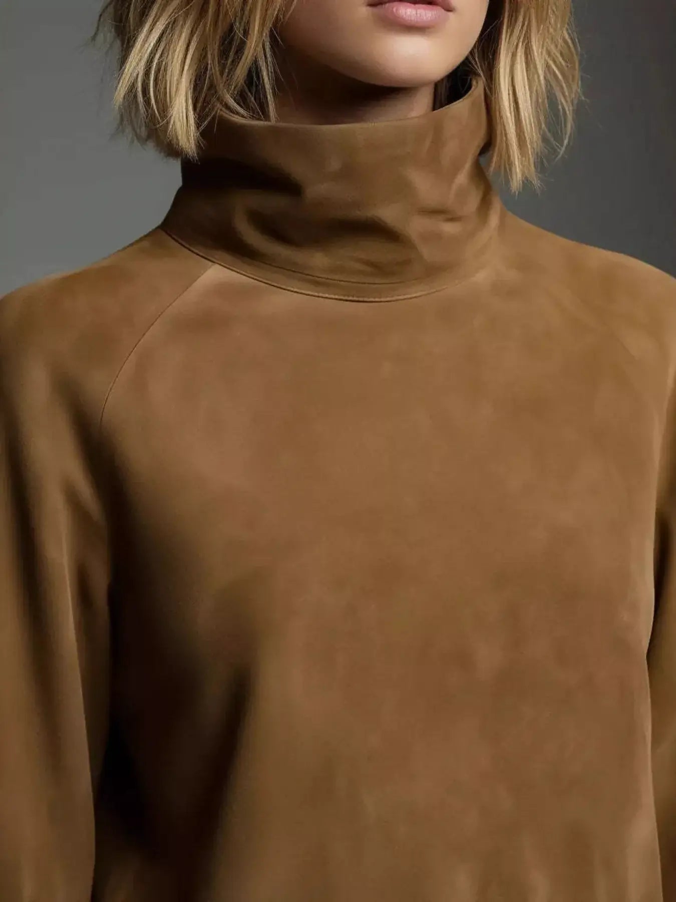 Turtleneck Lantern Sleeve Mini Dress with Pockets close-up, showcasing the soft brown fabric and stylish collar.