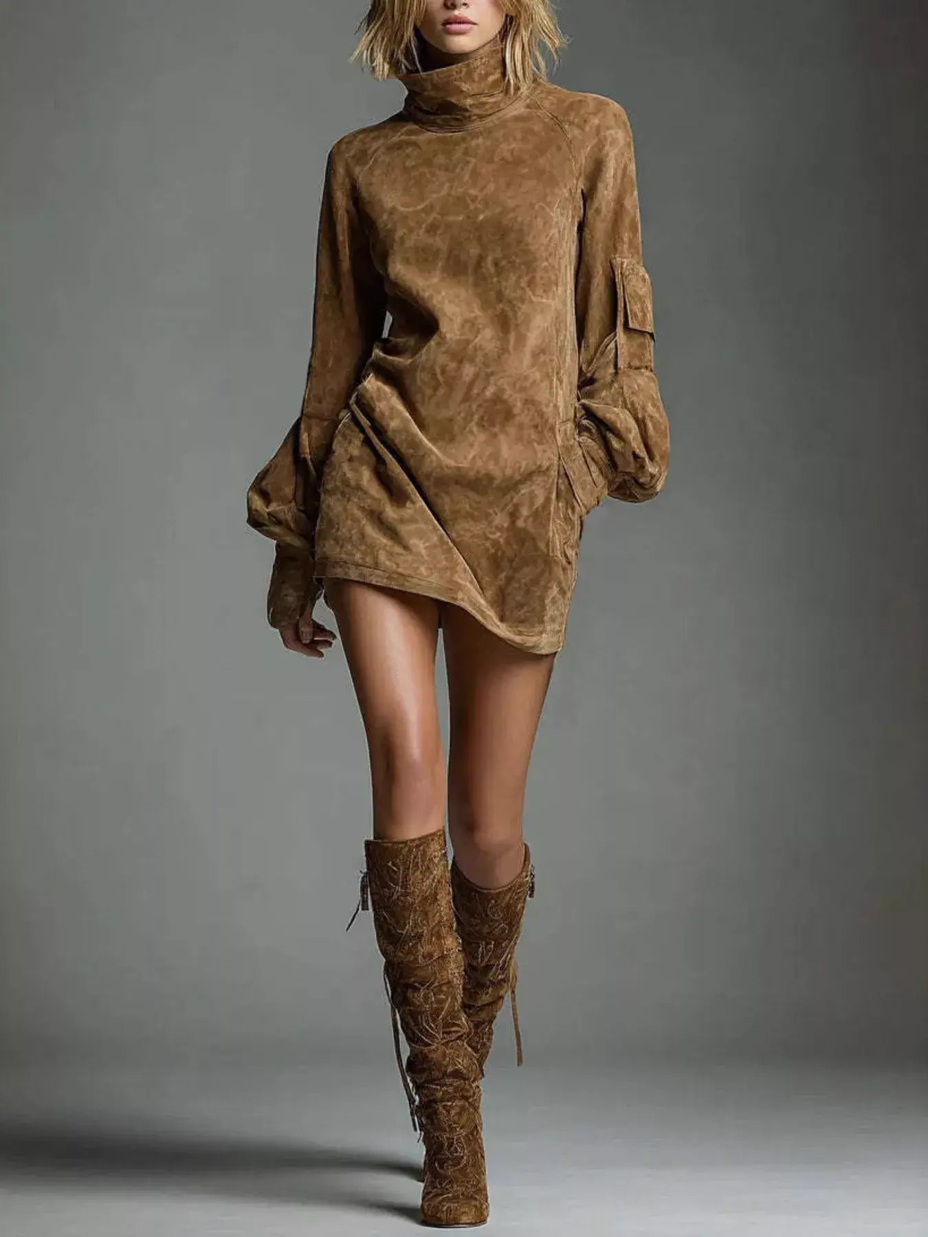 Turtleneck Lantern Sleeve Mini Dress with Pockets on model showcasing the unique style and plush fabric.