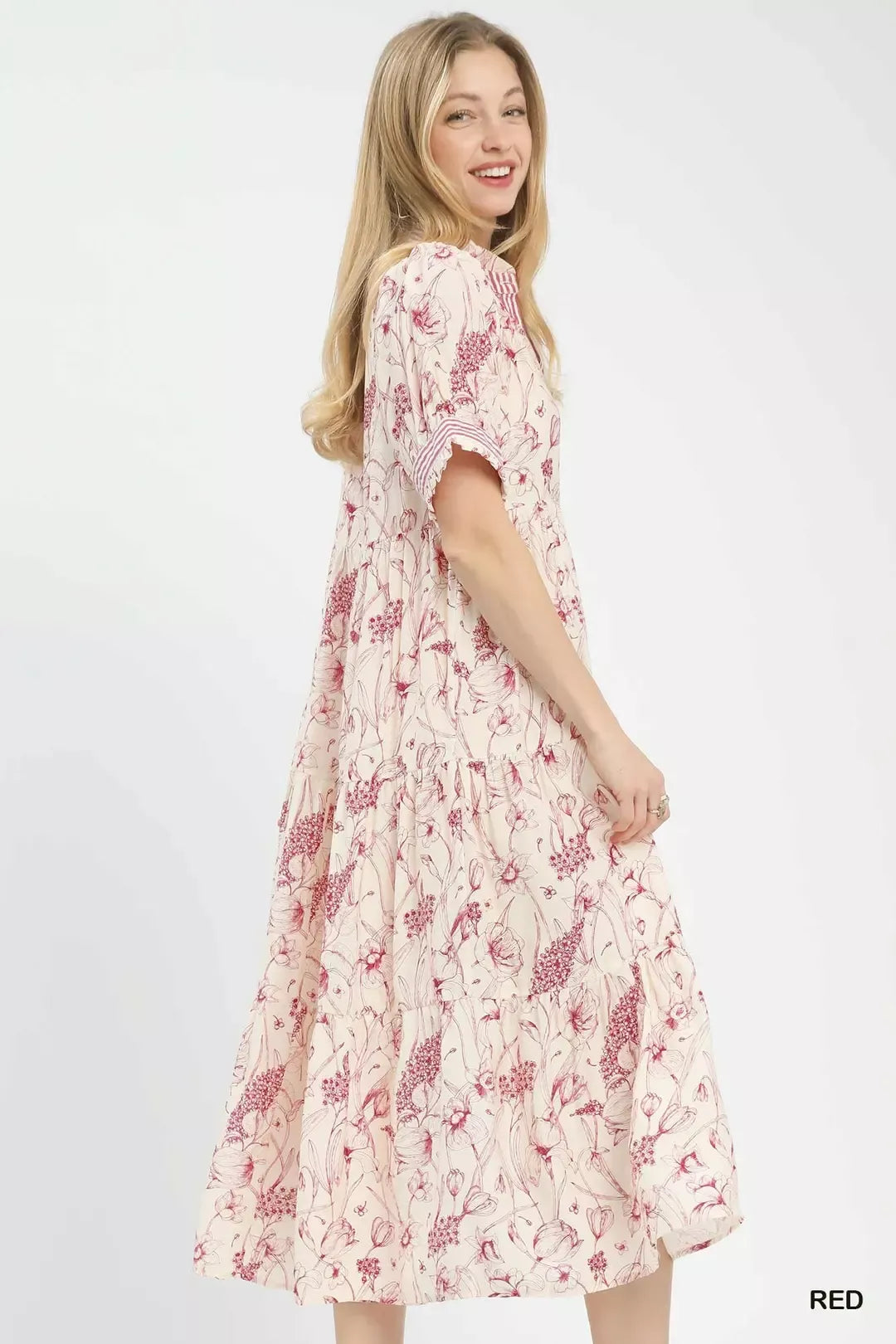 Umgee Floral Tiered Midi Dress with Ruffle Trim worn by a model, showcasing its floral print and ruffle details.