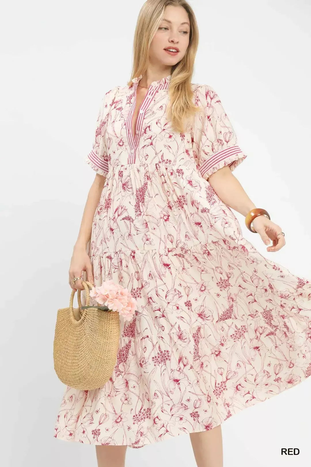 Umgee Floral Tiered Midi Dress with Ruffle Trim