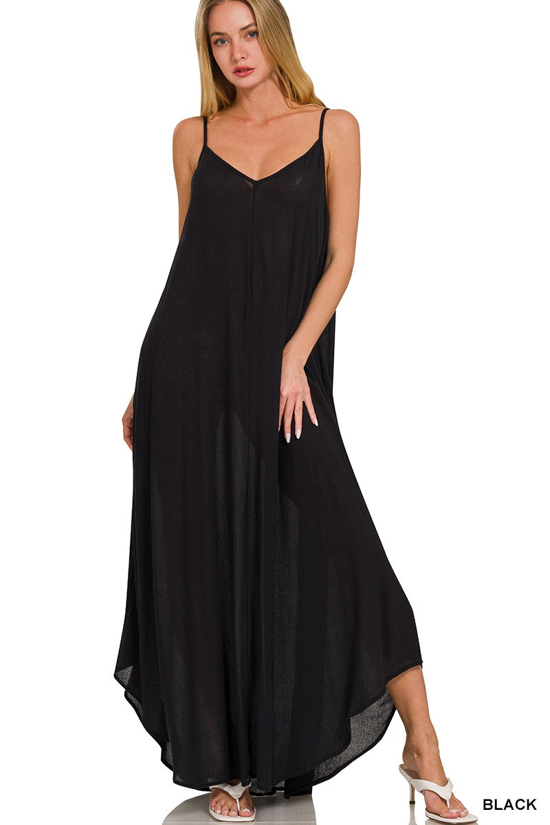 Woven Crinkle Cami Maxi Dress in black with side pockets, perfect for warm weather and stylish outings.