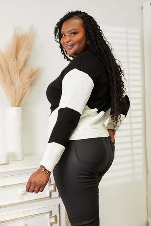 Woven Right Two-Tone Openwork Rib-Knit Sweater showcased on a model with long sleeves and a stylish round neckline.