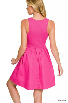 Back view of Zenana Combined Knit & Woven Midi Dress in vibrant fuchsia, showcasing the combination of knit and woven textures.