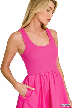 Zenana Combined Knit & Woven Midi Dress in vibrant fuchsia with a comfortable fit and stylish design.