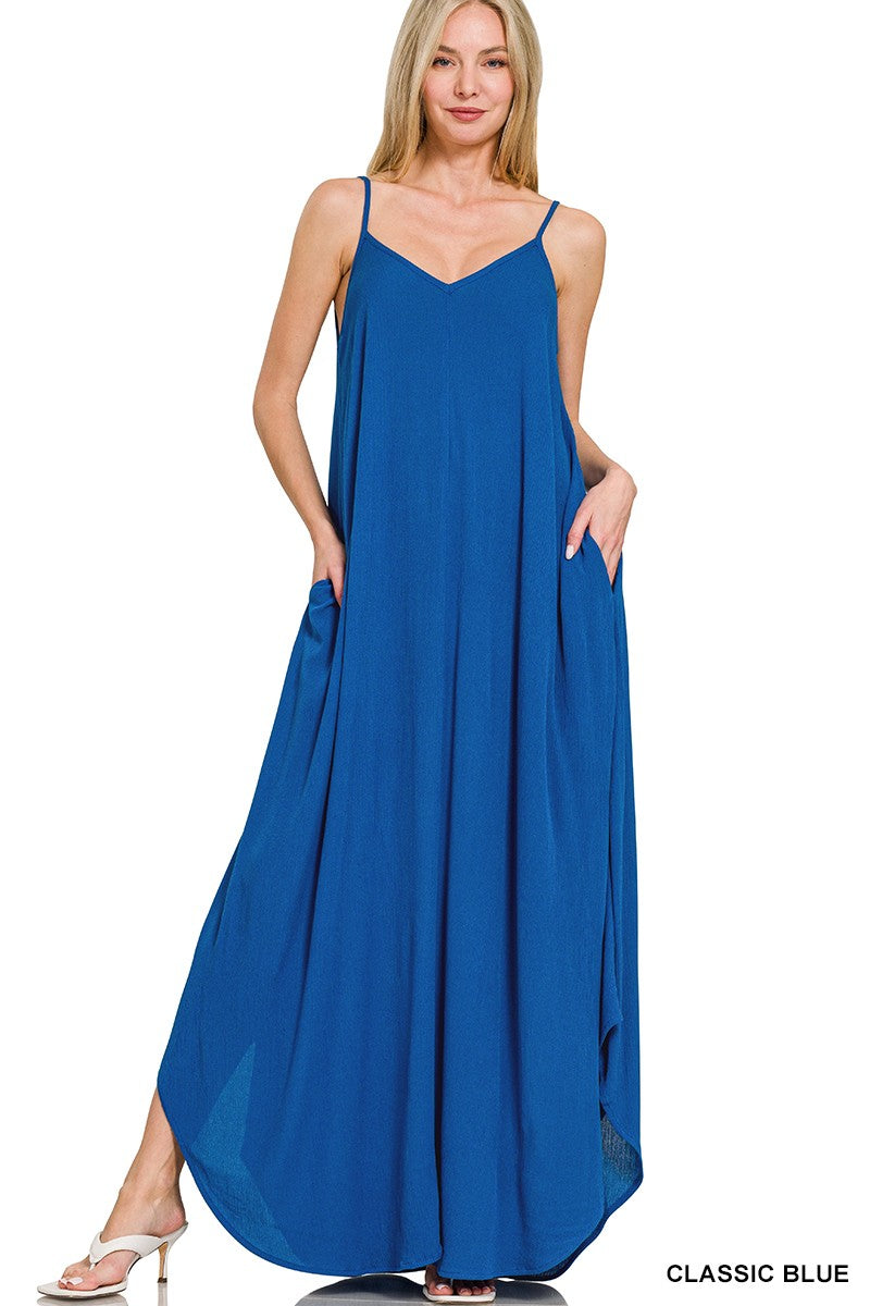 Zenana Woven Crinkle Cami Maxi Dress with Side Pockets in Classic Blue, featuring a flowy design and side pockets.