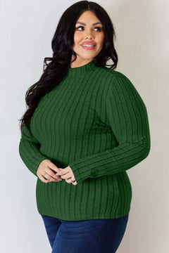 Basic Bae full-size ribbed mock neck long sleeve T-shirt in green, showcasing a stylish, flattering fit.