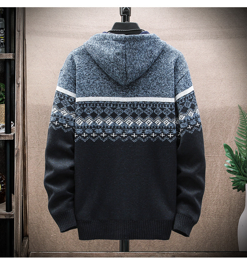 Hooded Cardigan Knitted Thick Plus Fleece Sweater Men - Empire Wardrobe