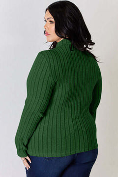 Green ribbed mock neck long sleeve sweater, showcasing a back view with a comfortable fit and stylish design.
