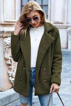 Casual, urban full size lapel collar sherpa coat in olive green, featuring double-breasted design and long sleeves.