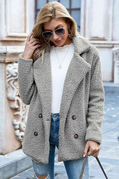 Casual urban full size lapel collar sherpa coat, double-breasted with pockets, perfect for stylish winter outfits.