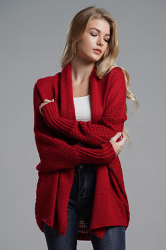 Model wearing a red Dolman Sleeve Open Front Longline Cardigan with ribbed trim, styled casually.