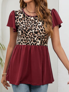 Leopard Round Neck Flutter Sleeve Babydoll Blouse in burgundy and leopard print, showcasing chic ruffle details and flutter sleeves.