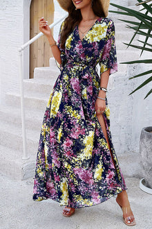 Elegant printed tied half sleeve slit dress in floral design, perfect for summer outings and casual events.