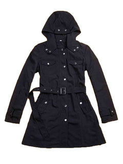 Full size black hooded jacket with detachable liner, featuring pockets and a belted waist, perfect for three-way wear.