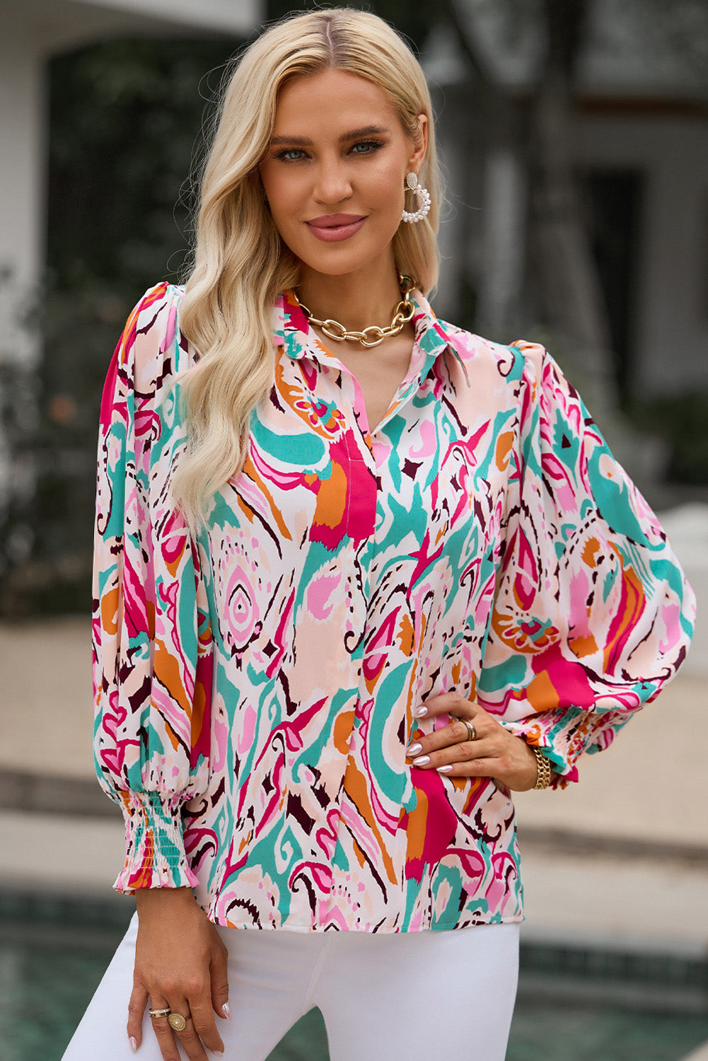 Printed Puff Sleeve Collared Blouse