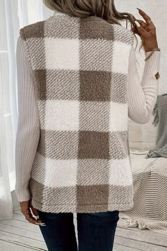 Back view of a cozy Sherpa plaid open front vest coat in neutral tones, perfect for layering in cooler weather.