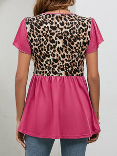 Leopard Round Neck Flutter Sleeve Babydoll Blouse shown from the back, featuring a pink bottom and leopard print top.