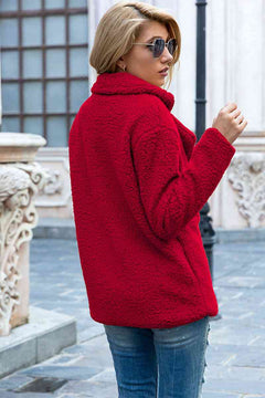 Casual urban red sherpa coat with lapel collar, double-breasted design, perfect for stylish winter outings.