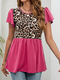 Leopard Round Neck Flutter Sleeve Babydoll Blouse in chic leopard pattern with flutter sleeves and ruffled neckline.