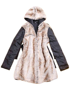 Full size hooded jacket with detachable liner in faux fur and black fabric, perfect for versatile three-way wear.