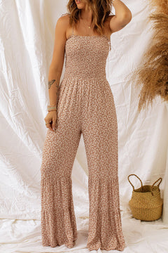 Floral Spaghetti Strap Smocked Wide Leg Jumpsuit featuring a smocked neckline and elegant floral pattern.