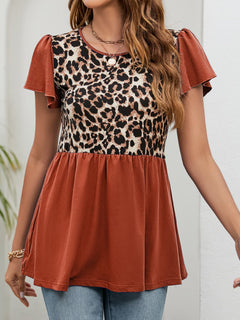 Leopard Round Neck Flutter Sleeve Babydoll Blouse featuring chic ruffle neckline and short flutter sleeves.